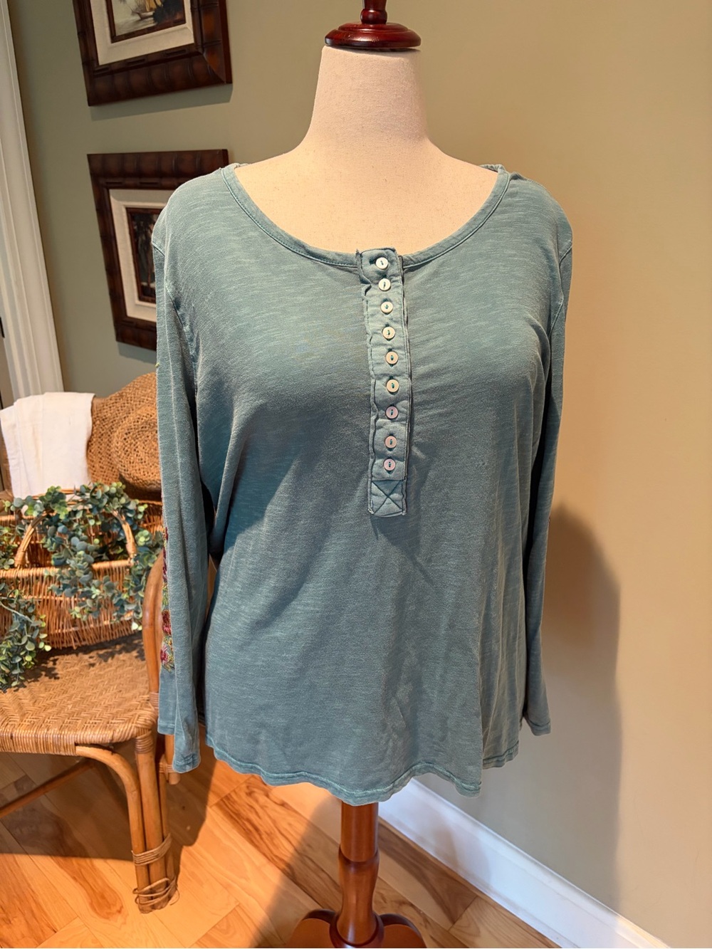 Sundance Teal Henley Long Sleeve with Multicolor Floral Embroidery - Picture 2 of 5